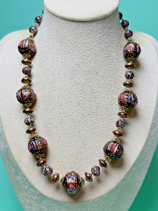 Unbranded Jewelry - Vintage Venetian Wedding Cake Glass Bead Necklace Fiorato Black Gold Foil Italy